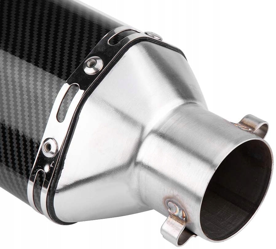 Universal motorcycle exhaust muffler with carbon fiber style (akrapovic) finish - sporty sound and aggresive look