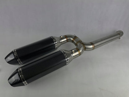 Yamaha FZ6 S1/S2, FZ6N, FZ6S, FZ6 Fazer sporty exhaust, perfect fit for 2004-2010 models. Carbon fiber look mufflers and linking pipe